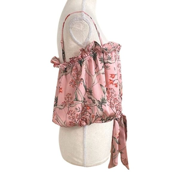 JOHANNA ORTIZ X H&M PINK FLORAL SATIN TIE-FRONT RUFFLE SLEEVELESS TOP - M - Picture 3 of 10